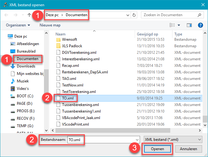 Dialoogvenster "XML bestand openen" (1) Locatie(map) kiezen (2) correct bestand kiezen (3) klikken op Openen.