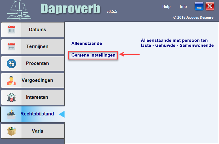 Rechtsbijstand - Knop Instellingen