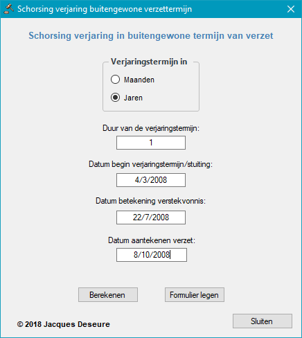 Schorsing verjaring - buitengewone verzettermijn - gebruikersformulier Schorsing verjaring - buitengewone verzettermijn - gebruikersformulier